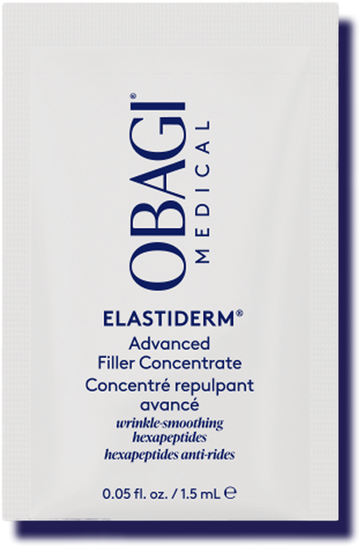 Obagi ELASTIderm Advanced Filler Concentrate 1ml sample box with navy branding and hexapeptide wrinkle-smoothing serum