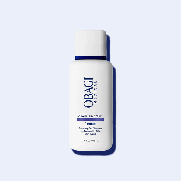 Obagi Nu-Derm Foaming Gel cleanser white pump bottle with navy cap, 200ml