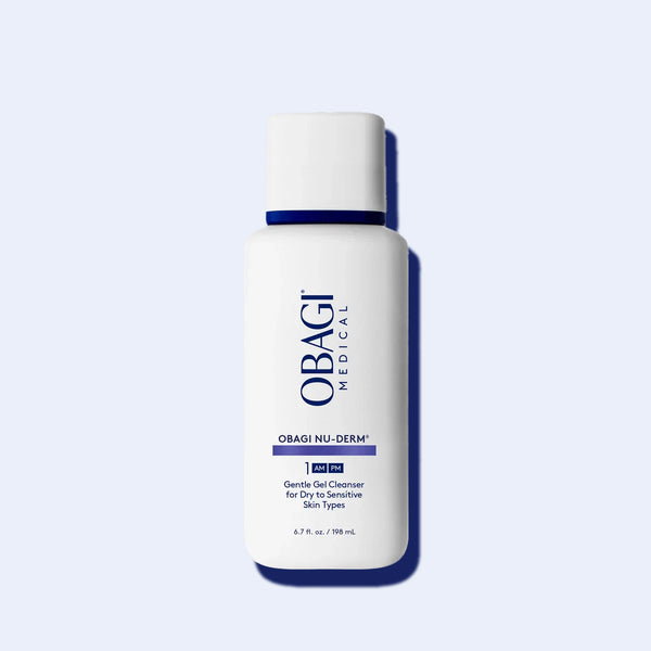 Obagi Nu-Derm Gentle Cleanser bottle with white body and navy blue cap - mild facial cleanser for dry sensitive skin