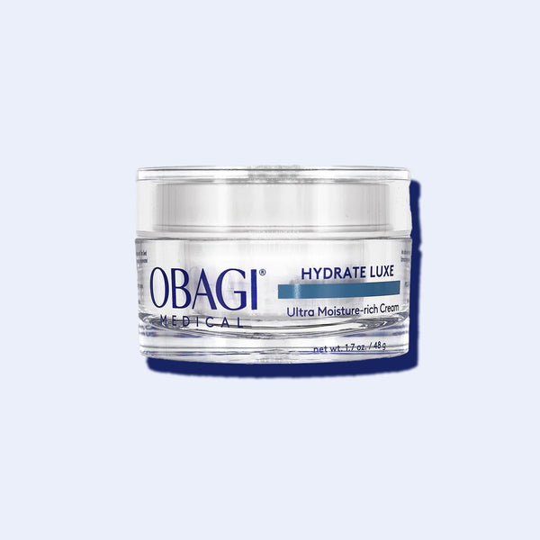 Obagi Hydrate Luxe Moisture-Rich Cream 48g jar with blue label and transparent container displayed against white background