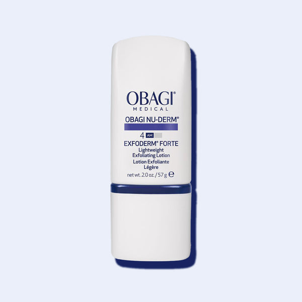 Obagi Nu-Derm Exfoderm Forte exfoliating lotion bottle with glycolic and lactic acids for normal to oily skin