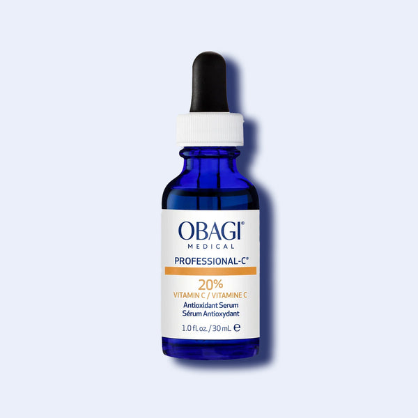 Obagi Professional C Serum 20% L-Ascorbic Acid vitamin C treatment in cobalt blue glass bottle with dropper